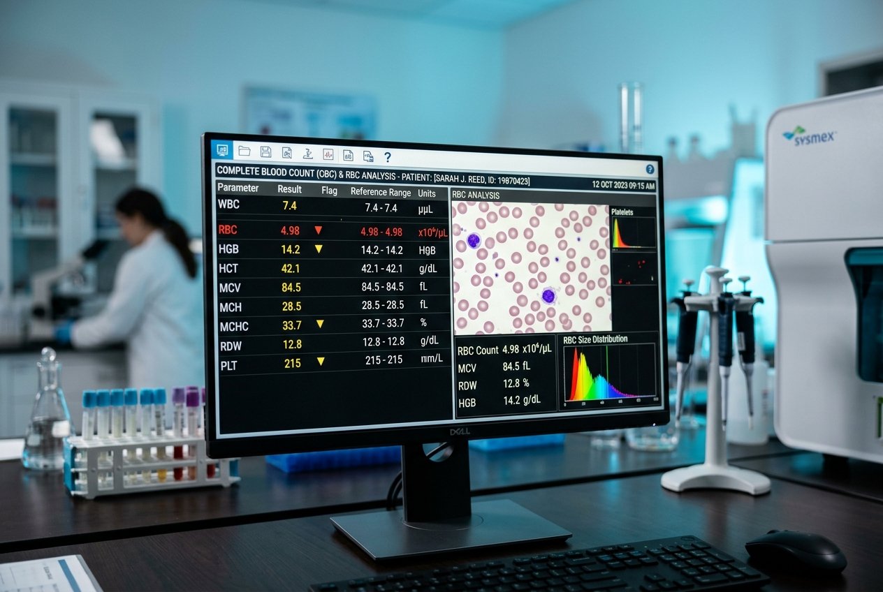 Laboratory technician reviewing blood test results on a screen