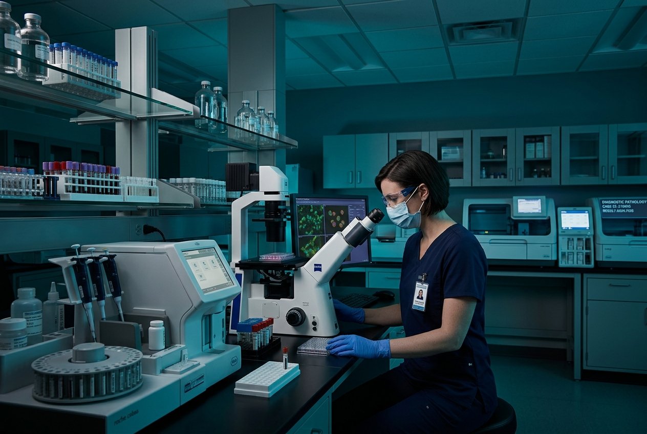 Laboratory professional analysing diagnostic samples using modern testing equipment
